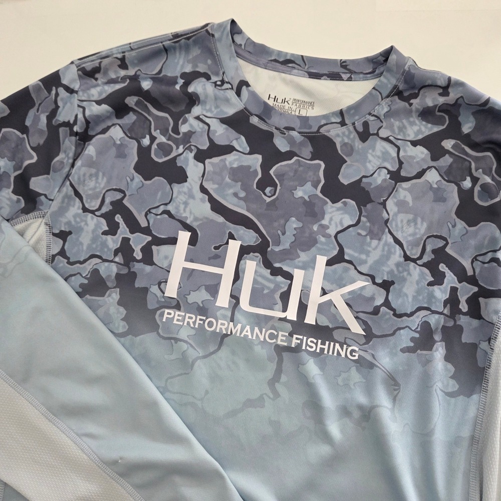 Huk Fishing Shirt Blue Grey Camo Long Sleeve Performance Mens Large